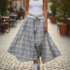 Cookies-n-Cream Plaid High Waisted Palazzo Culotte Cotton Rayon
